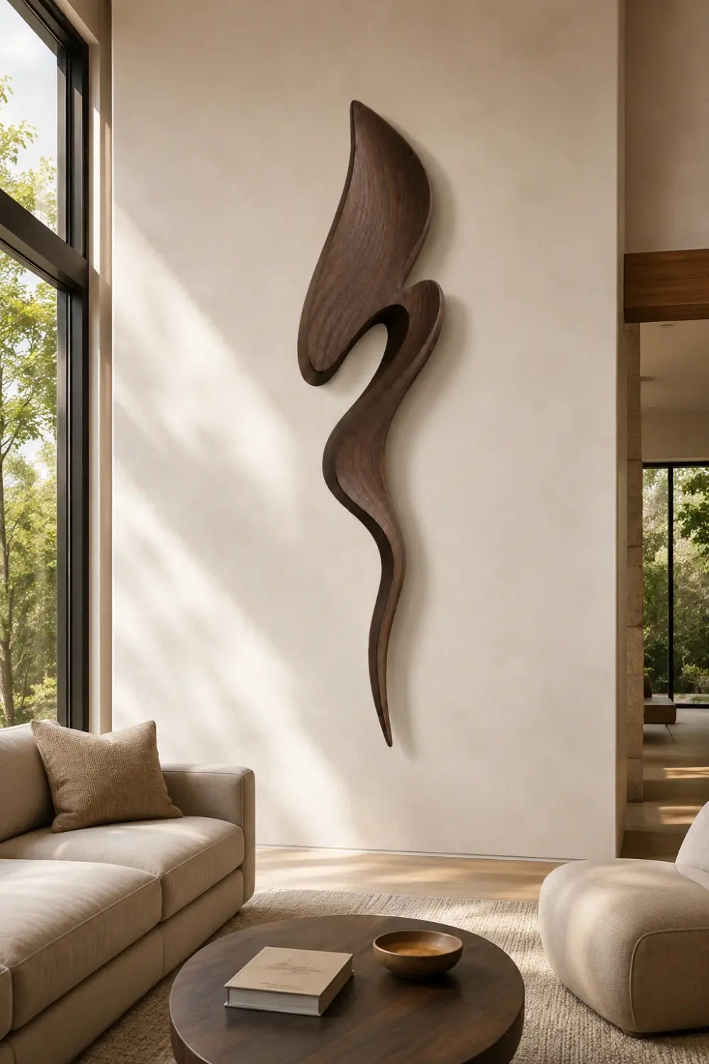 Contemporary Walnut Wall Sculpture | Architectural Fluid Wood Decor | Luxury Accent Plaque