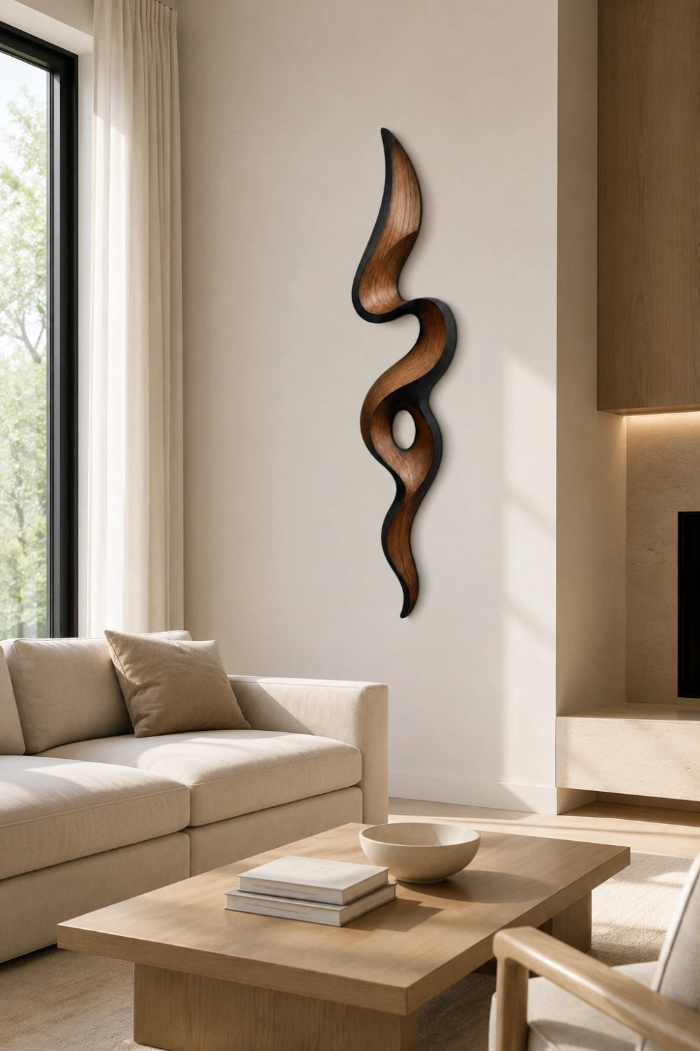 Teak Wood Wall Sculpture | Negative Space Ribbon Art | Modern Organic Accent