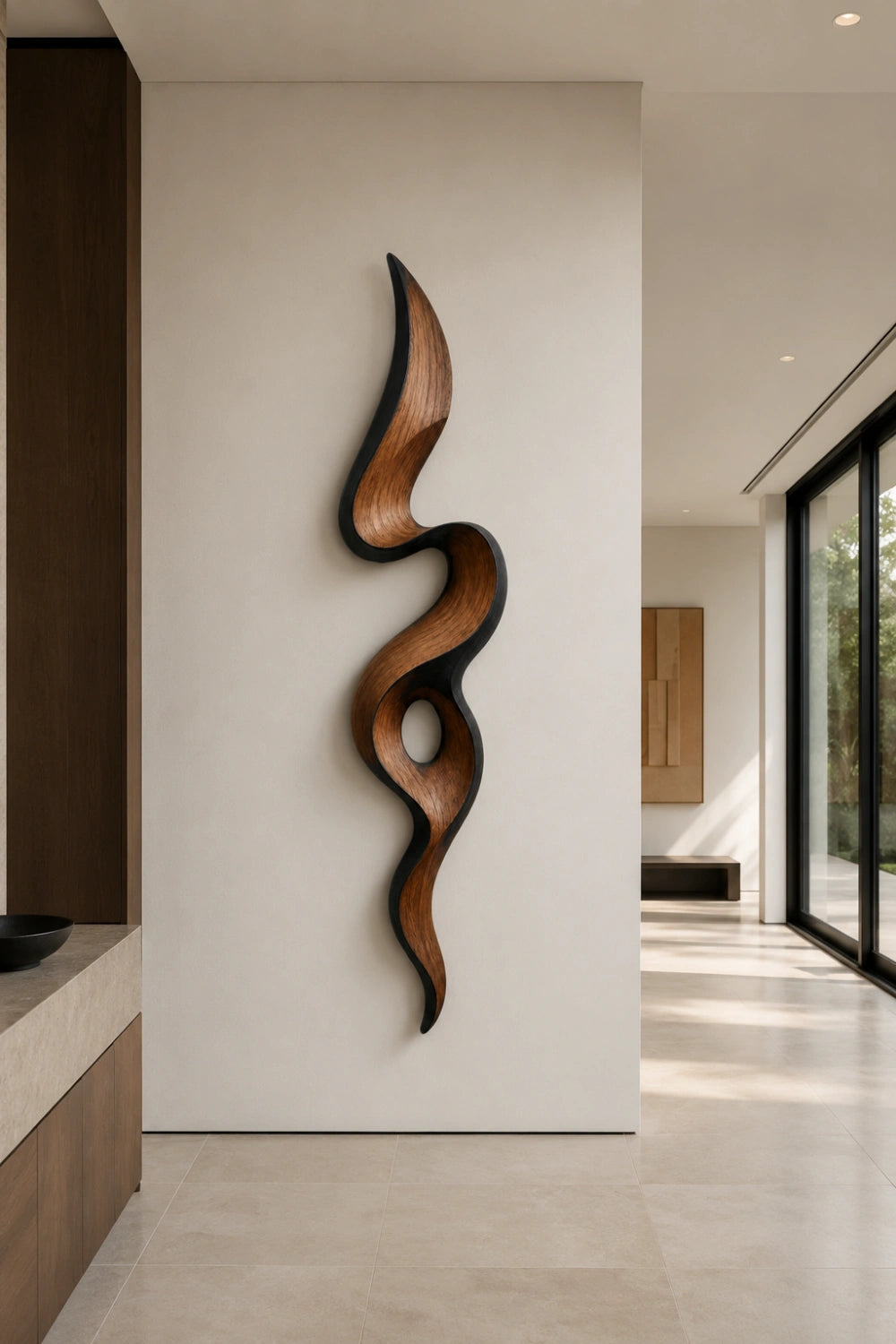 Teak Wood Wall Sculpture | Negative Space Ribbon Art | Modern Organic Accent