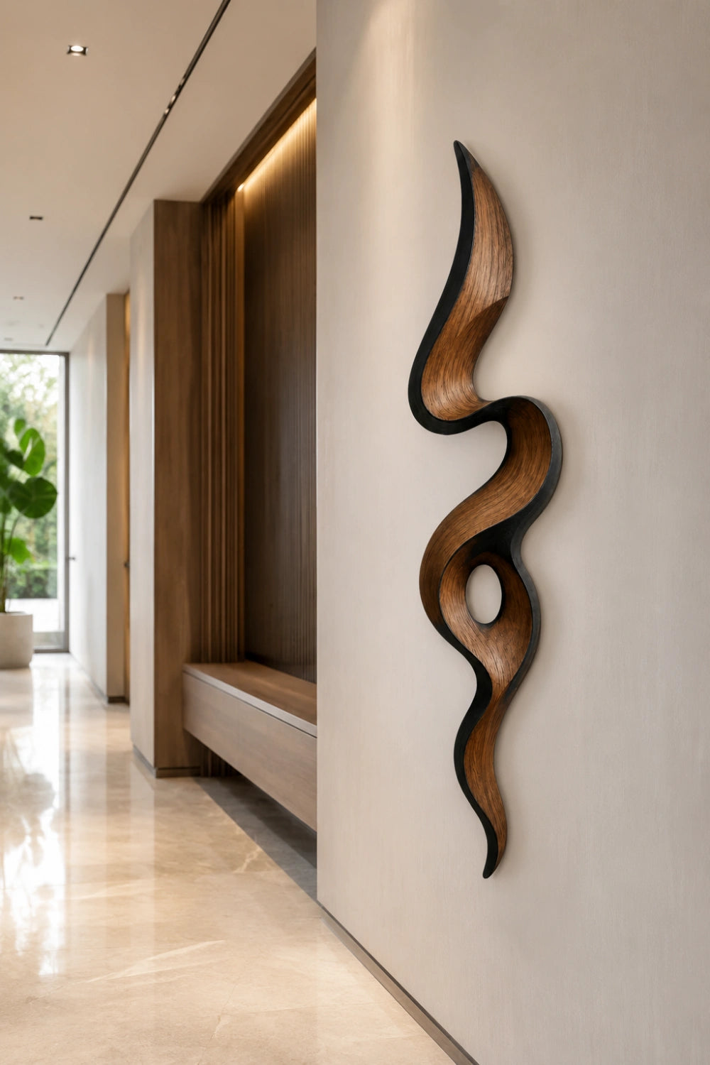 Teak Wood Wall Sculpture | Negative Space Ribbon Art | Modern Organic Accent