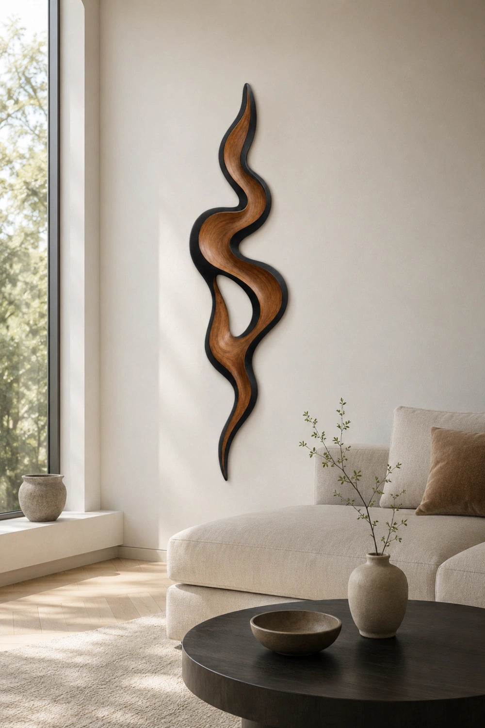 Framed Abstract Wood Wall Sculpture | Modern Black Swirl Decor