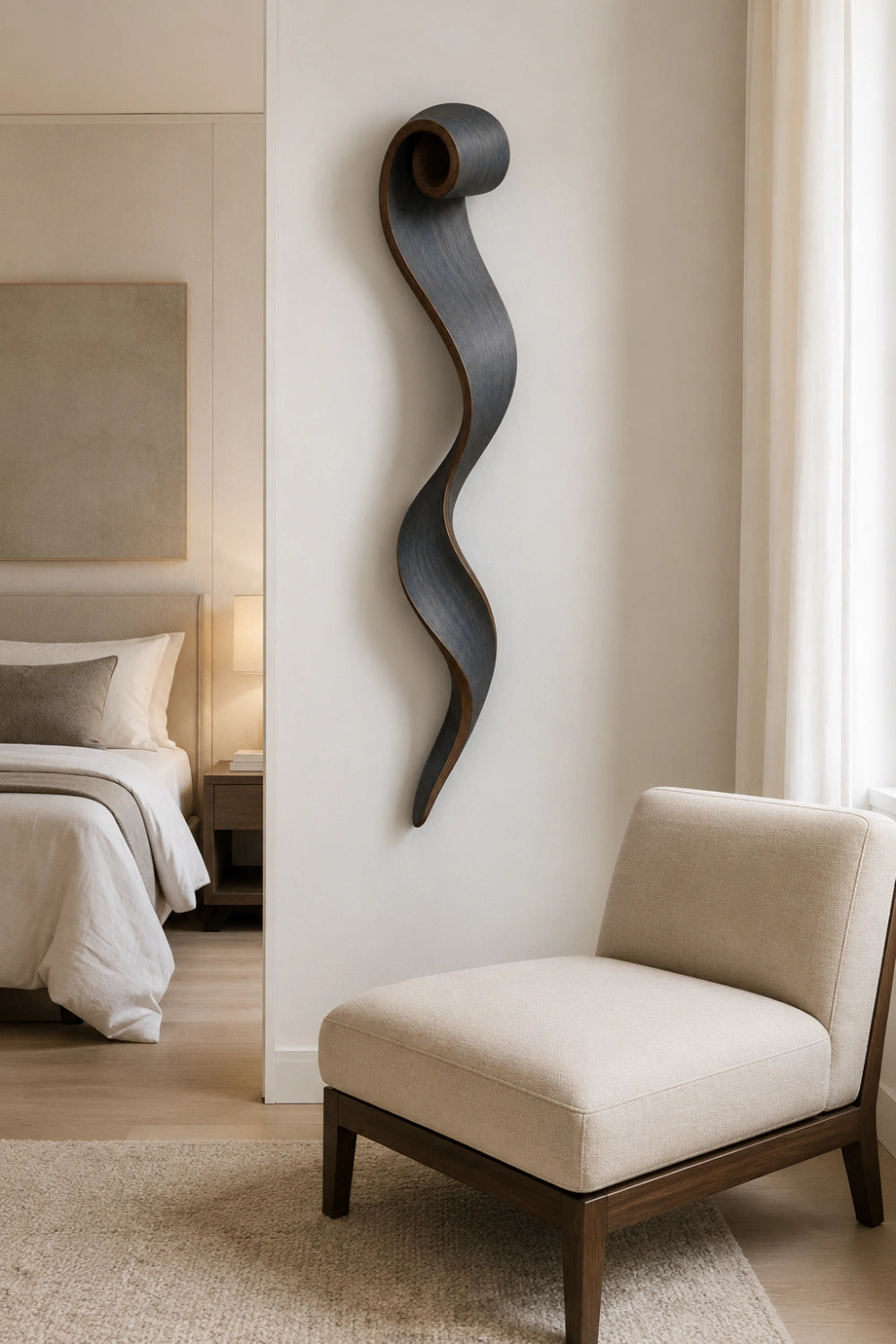 Slate Gray Wood Wall Sculpture | Spiral Scroll Ribbon Art | Avant-Garde Wall Feature
