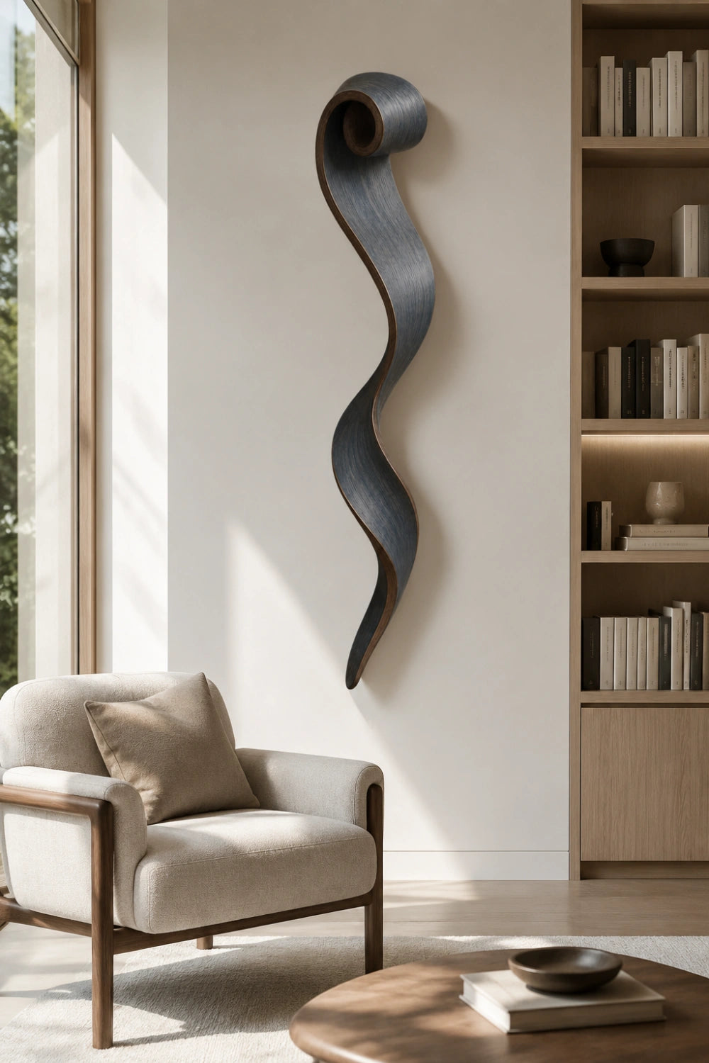 Slate Gray Wood Wall Sculpture | Spiral Scroll Ribbon Art | Avant-Garde Wall Feature