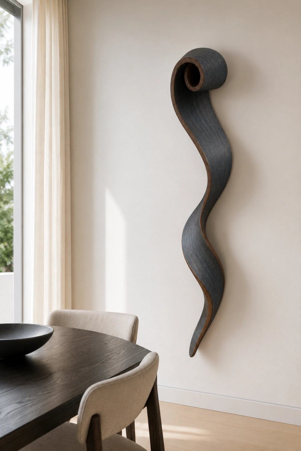 Slate Gray Wood Wall Sculpture | Spiral Scroll Ribbon Art | Avant-Garde Wall Feature