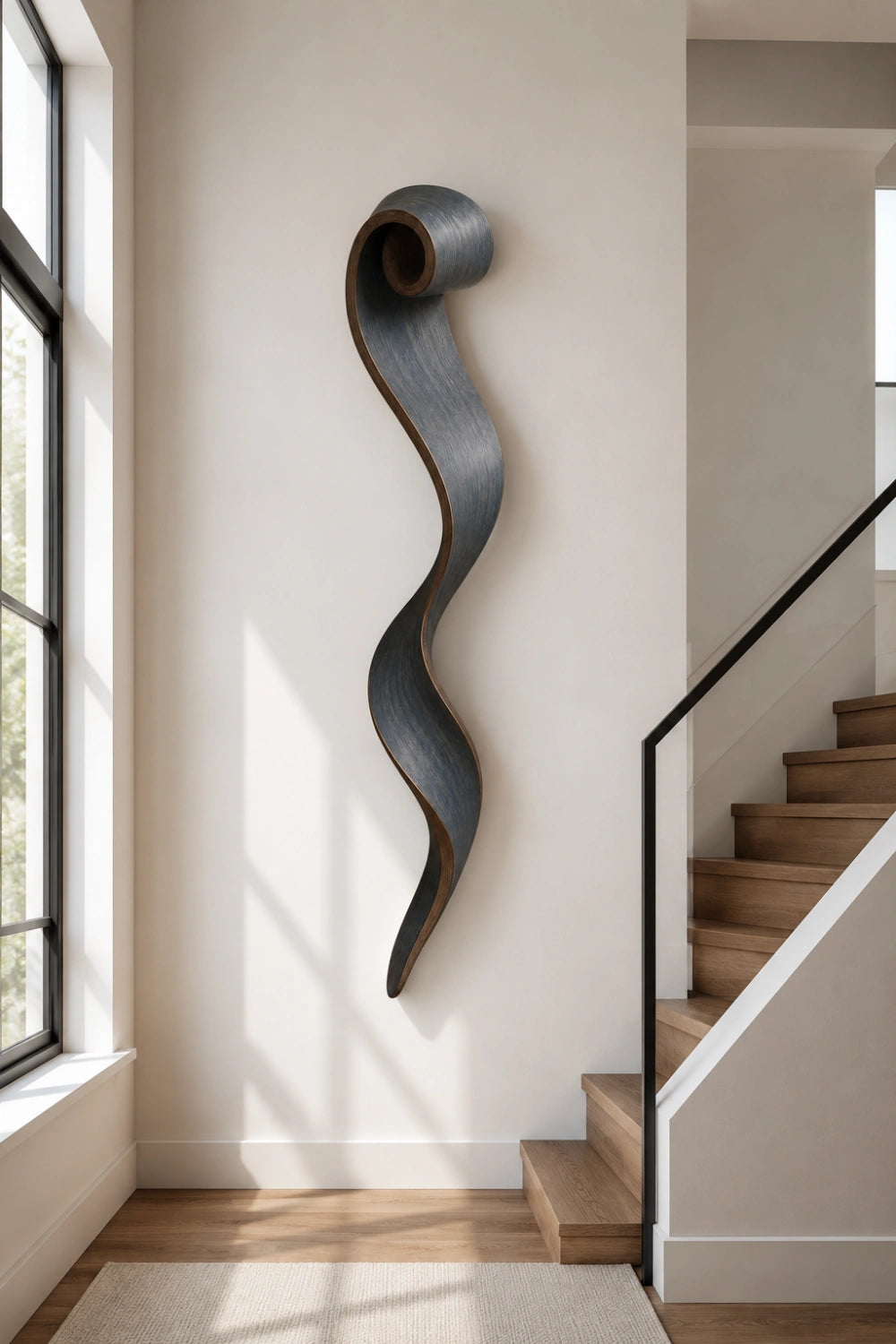 Slate Gray Wood Wall Sculpture | Spiral Scroll Ribbon Art | Avant-Garde Wall Feature
