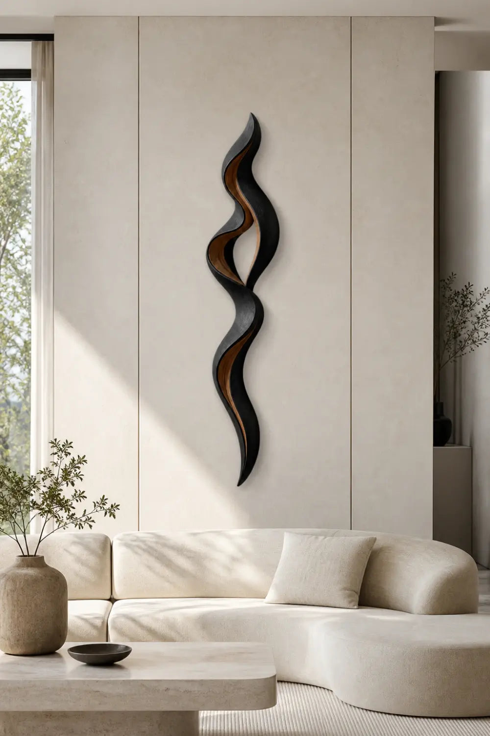 Lackened Wood Wall Sculpture | Charred Ebony Ribbon Art | Dark Modern Wall Decor