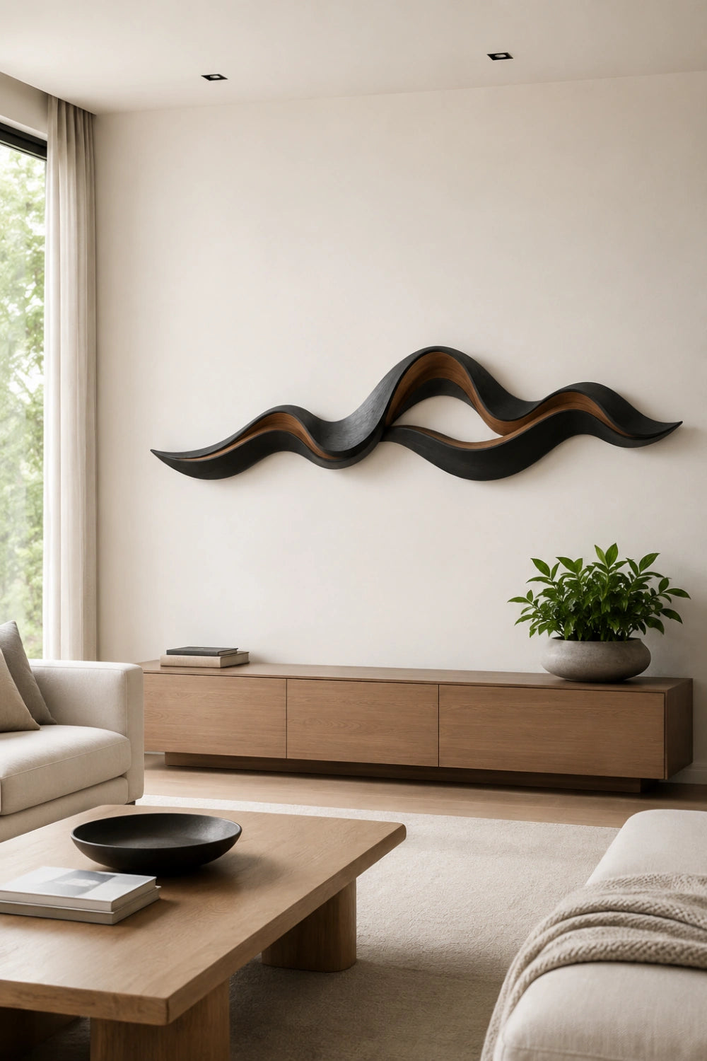 Lackened Wood Wall Sculpture | Charred Ebony Ribbon Art | Dark Modern Wall Decor