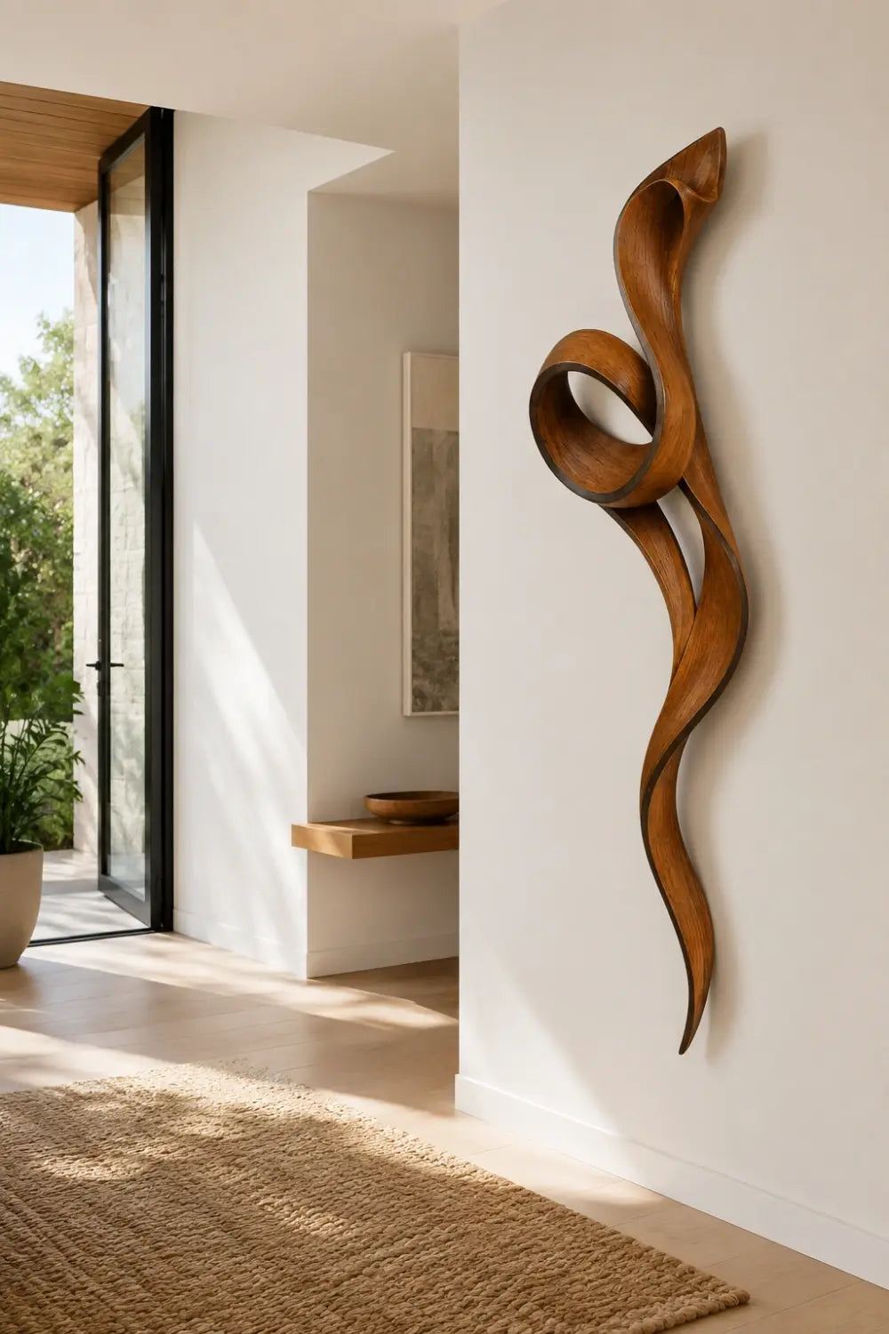 3D Curved Wood Wall Sculpture | Sculptural Ribbon Loop | Warm Amber Wall Art