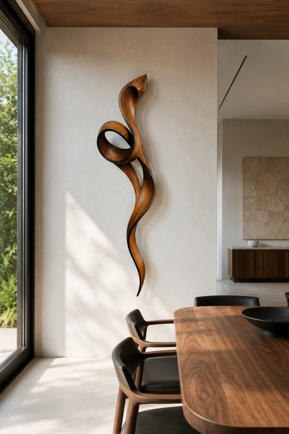 3D Curved Wood Wall Sculpture | Sculptural Ribbon Loop | Warm Amber Wall Art
