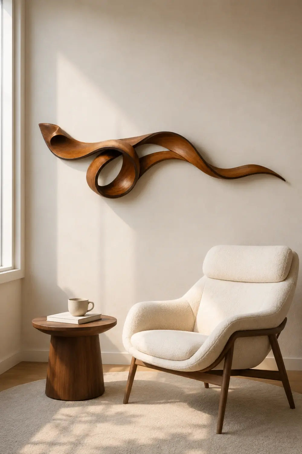 3D Curved Wood Wall Sculpture | Sculptural Ribbon Loop | Warm Amber Wall Art