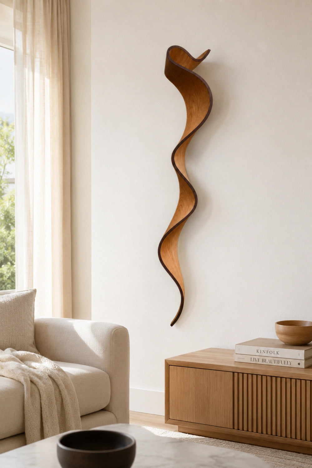 Cascading Wood Wall Sculpture | Spiral Ribbon Wall Hanging | Organic Modern Stream