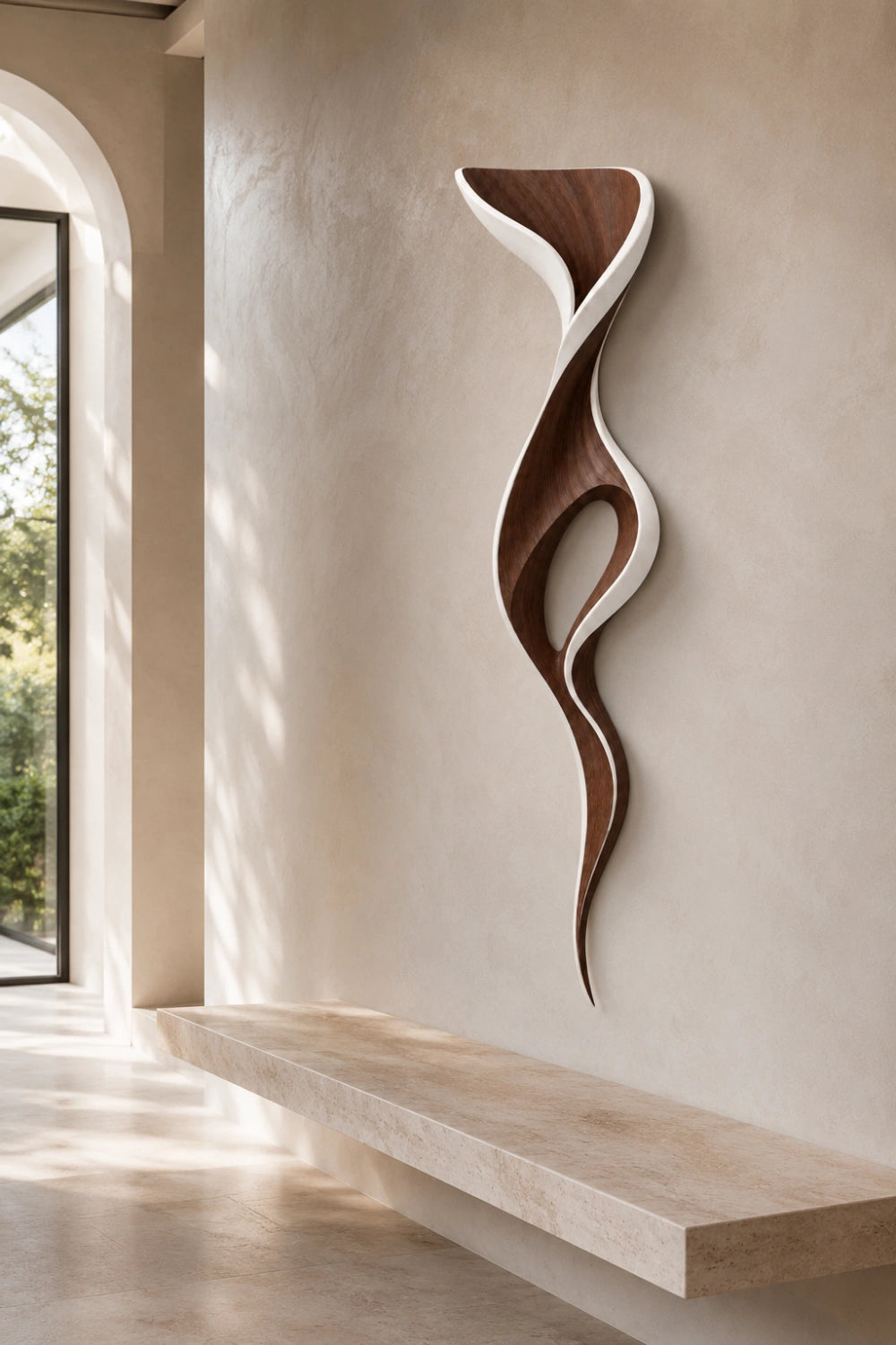 White & Walnut Wood Wall Sculpture | Abstract Cutout Wall Art | Two-Tone Relief
