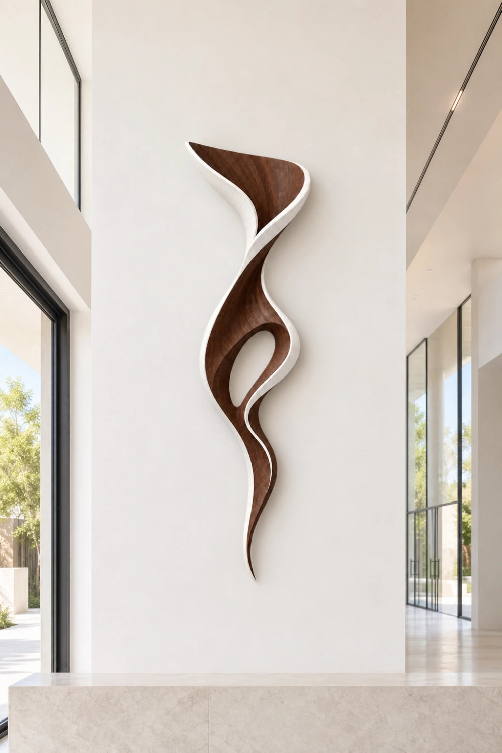 White & Walnut Wood Wall Sculpture | Abstract Cutout Wall Art | Two-Tone Relief