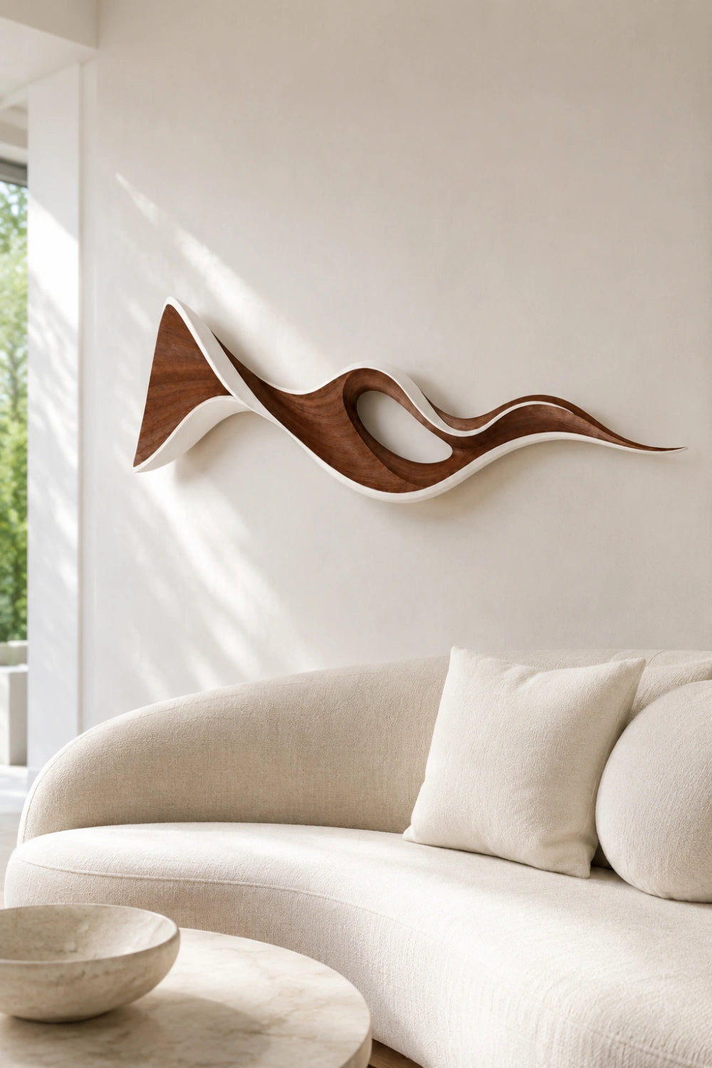 White & Walnut Wood Wall Sculpture | Abstract Cutout Wall Art | Two-Tone Relief