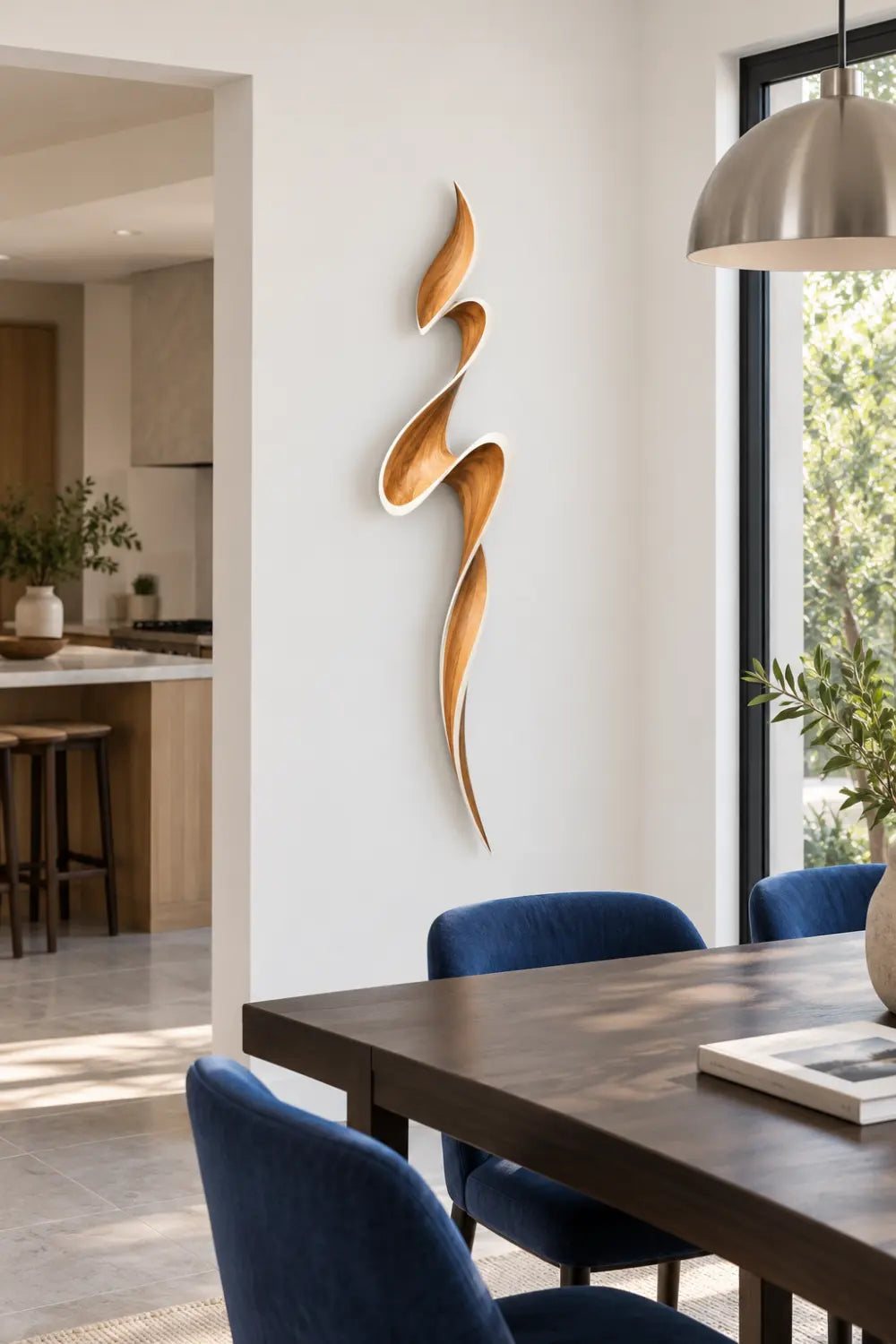 Modern Spiral Wooden Ribbon Sculpture | Two Tone Flame Wave Art Accent Decor