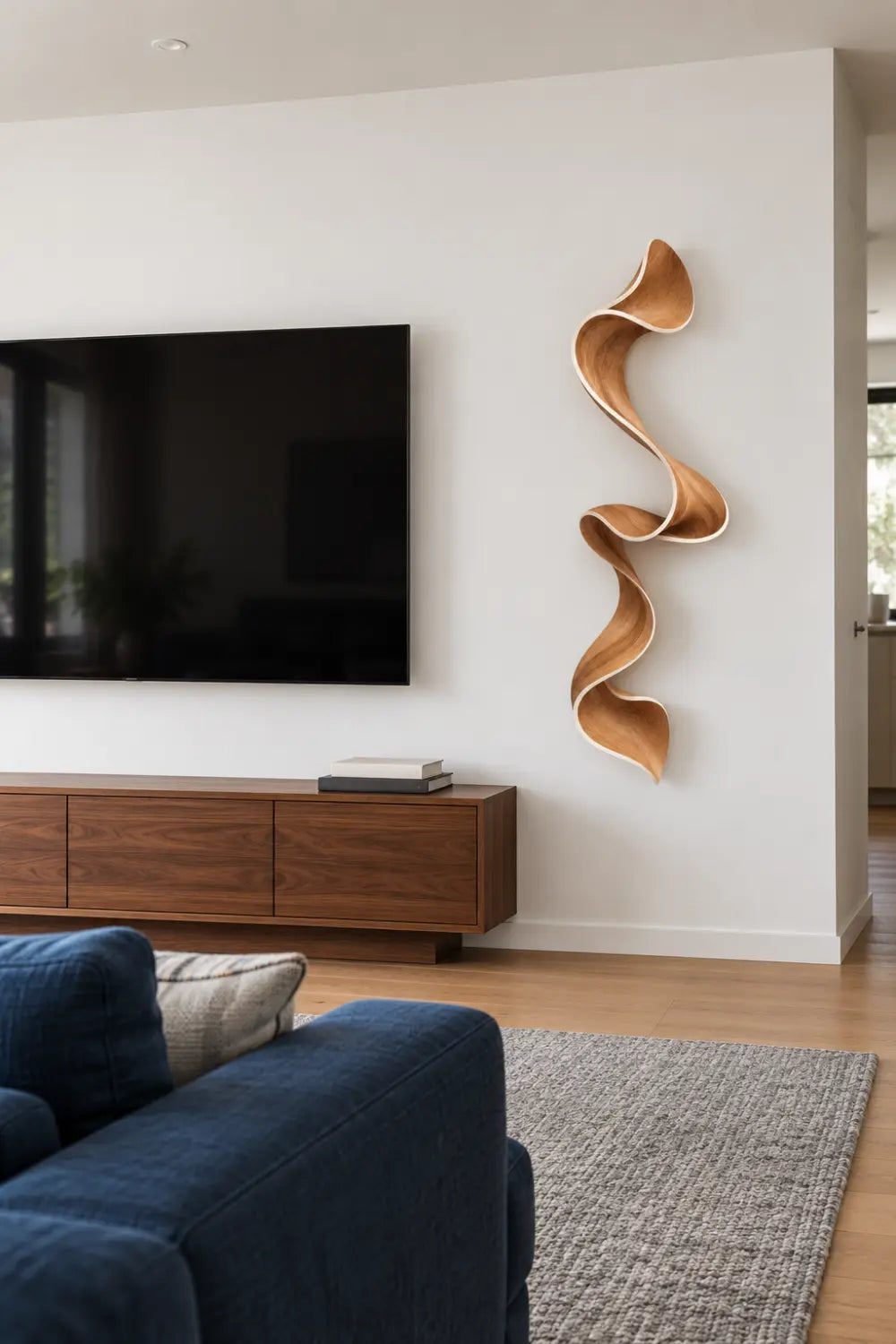 Cascading Wooden Ribbon Sculpture | Modern Sinuous Swirl Accent Home Decor