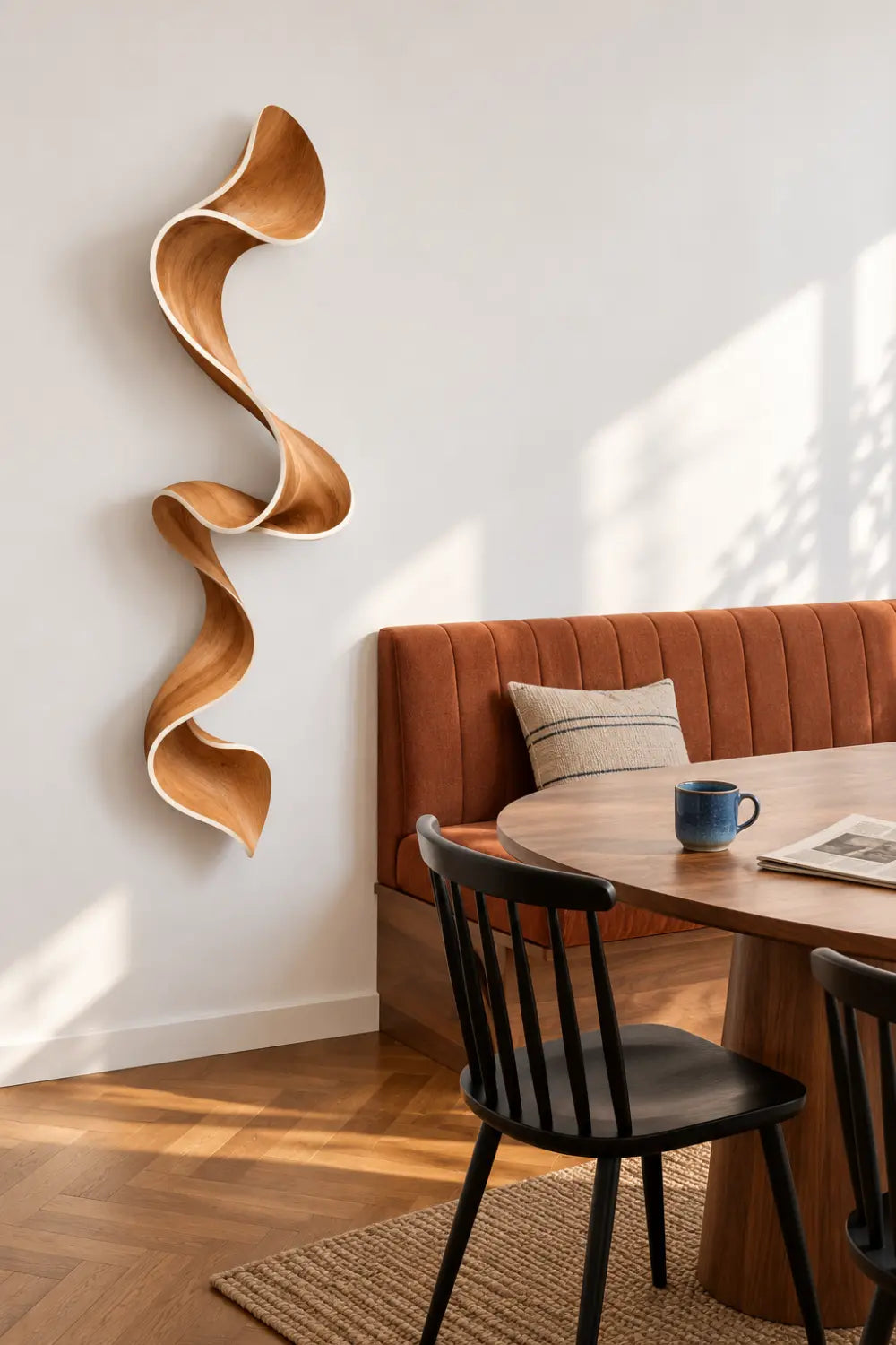 Cascading Wooden Ribbon Sculpture | Modern Sinuous Swirl Accent Home Decor