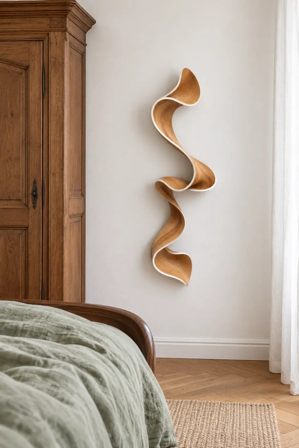 Cascading Wooden Ribbon Sculpture | Modern Sinuous Swirl Accent Home Decor