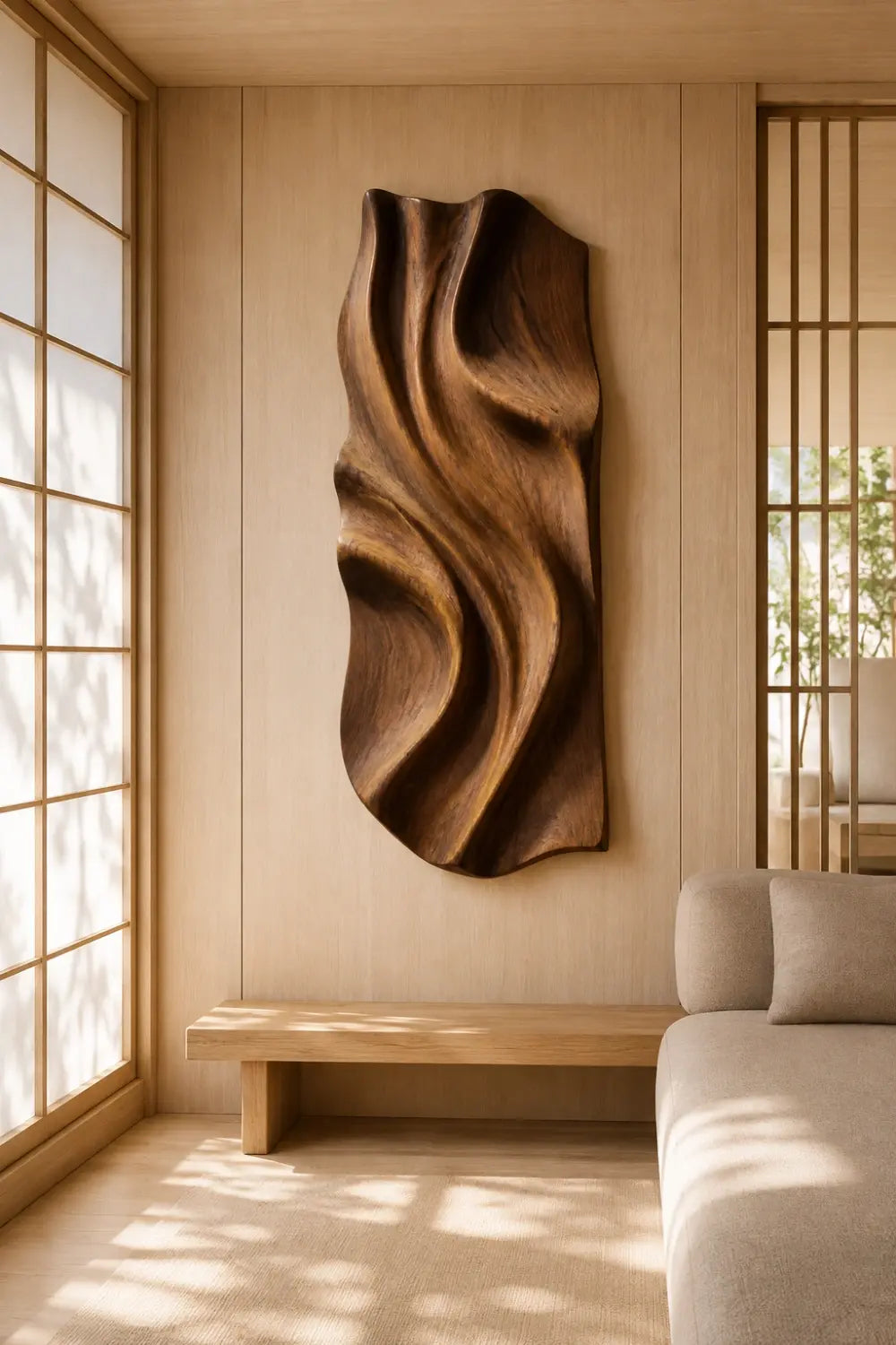 Abstract Wood Wall Relief Sculpture | 3D Wave Carved Panel