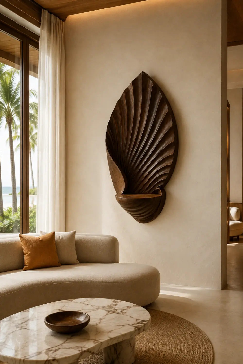 Carved Wood Leaf Wall Relief | Floating Display Shelf