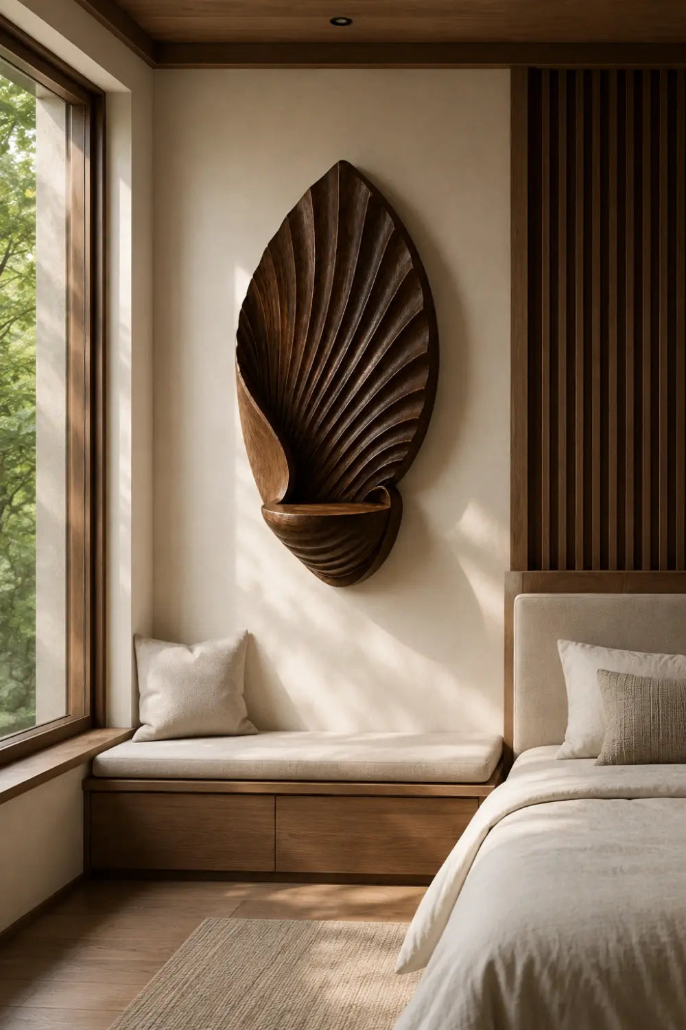 Carved Wood Leaf Wall Relief | Floating Display Shelf
