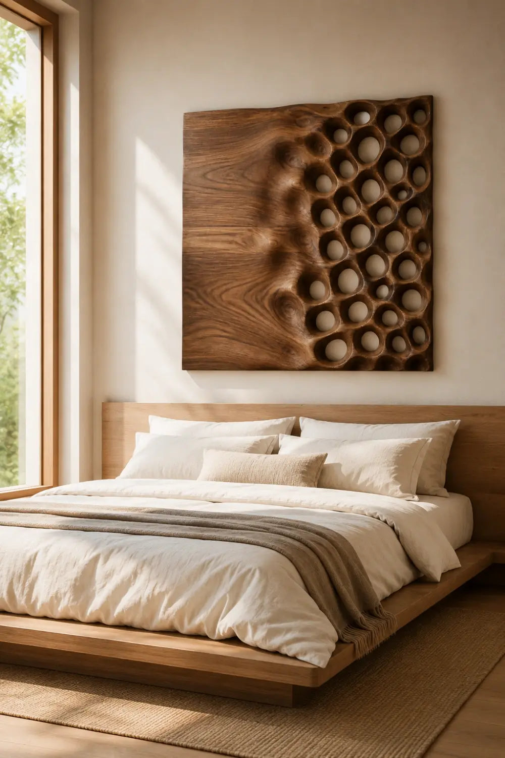 Square Wood Wall Relief | Honeycomb Carved Panel Art