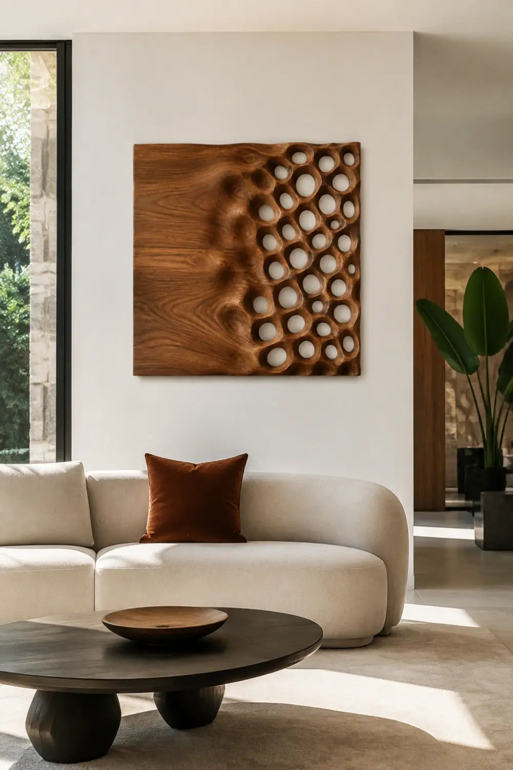 Square Wood Wall Relief | Honeycomb Carved Panel Art