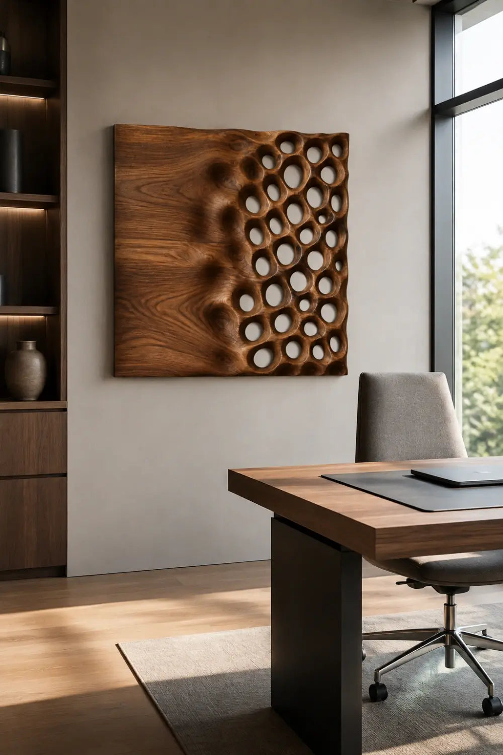 Square Wood Wall Relief | Honeycomb Carved Panel Art