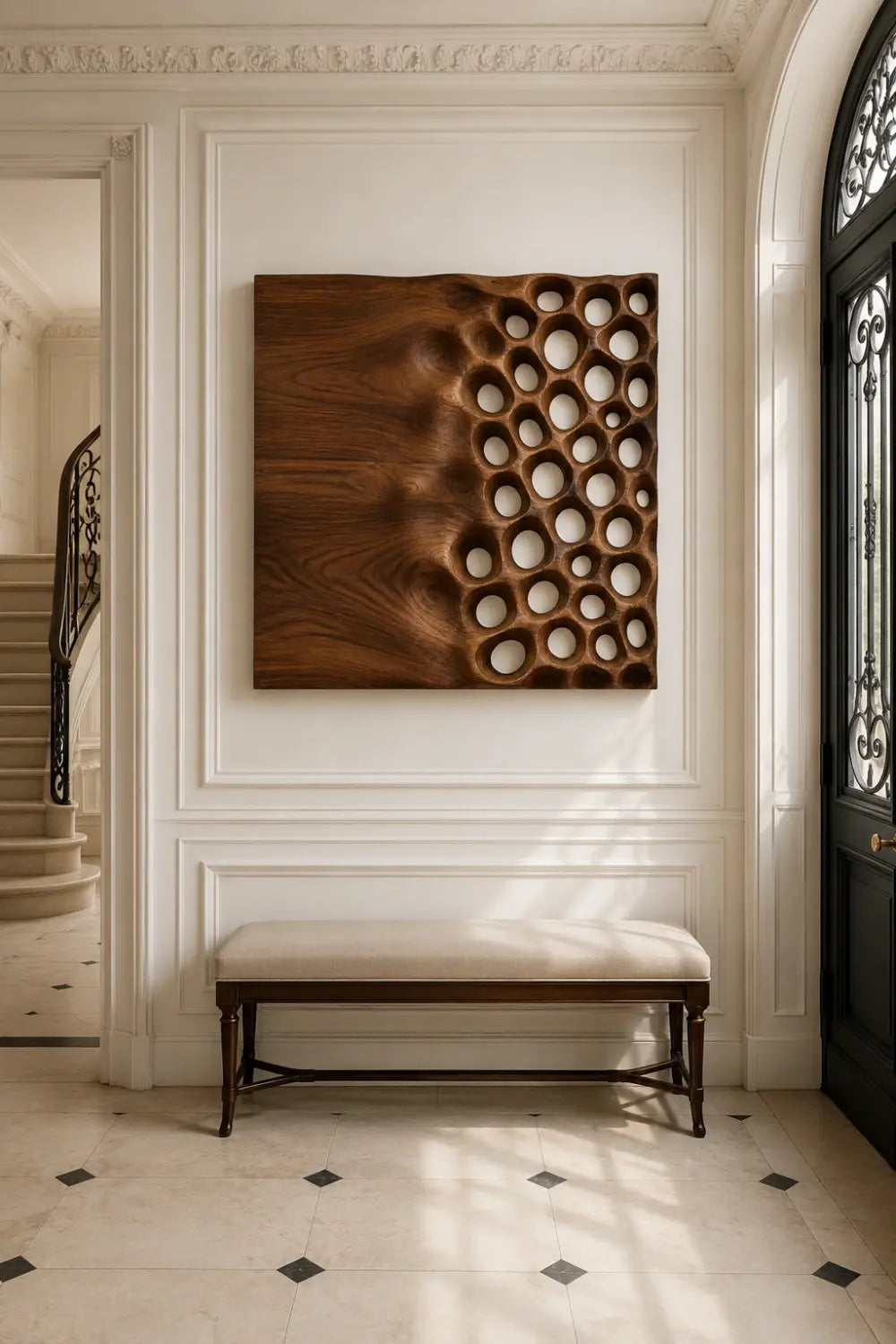 Square Wood Wall Relief | Honeycomb Carved Panel Art