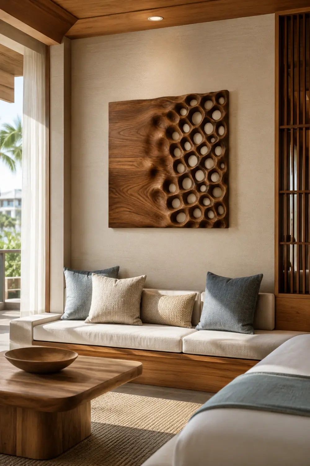 Square Wood Wall Relief | Honeycomb Carved Panel Art