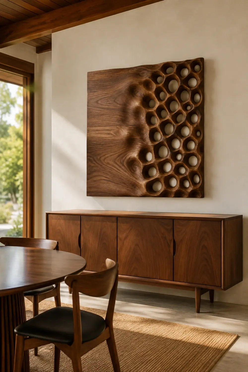 Square Wood Wall Relief | Honeycomb Carved Panel Art