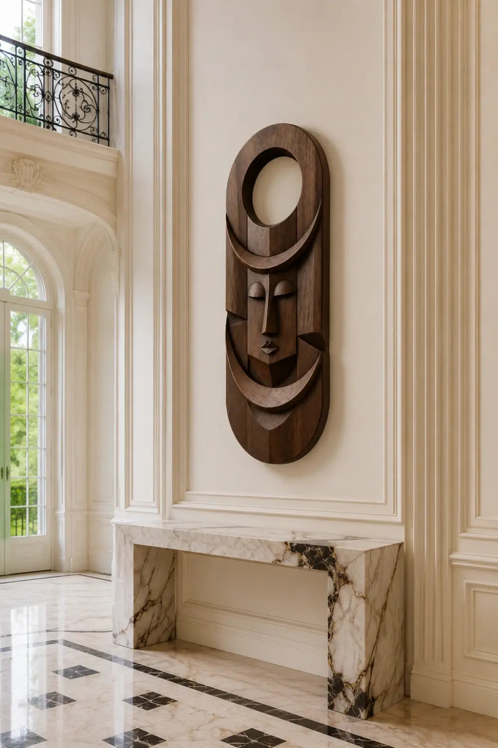 Carved Wood Celestial Mask | Abstract Face Wall Decor
