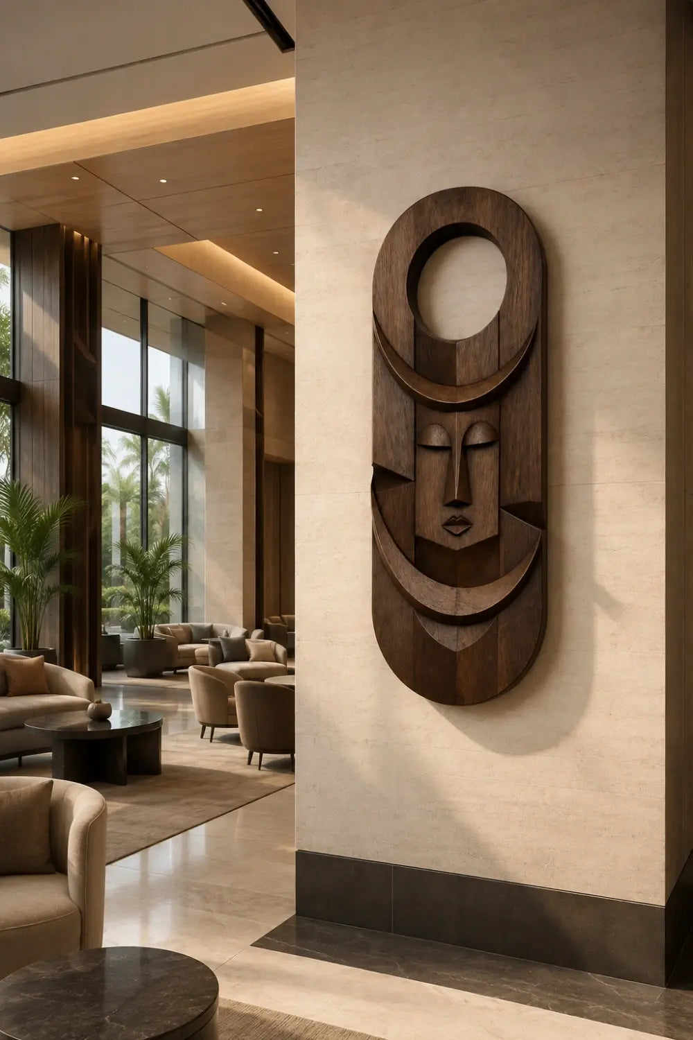 Carved Wood Celestial Mask | Abstract Face Wall Decor