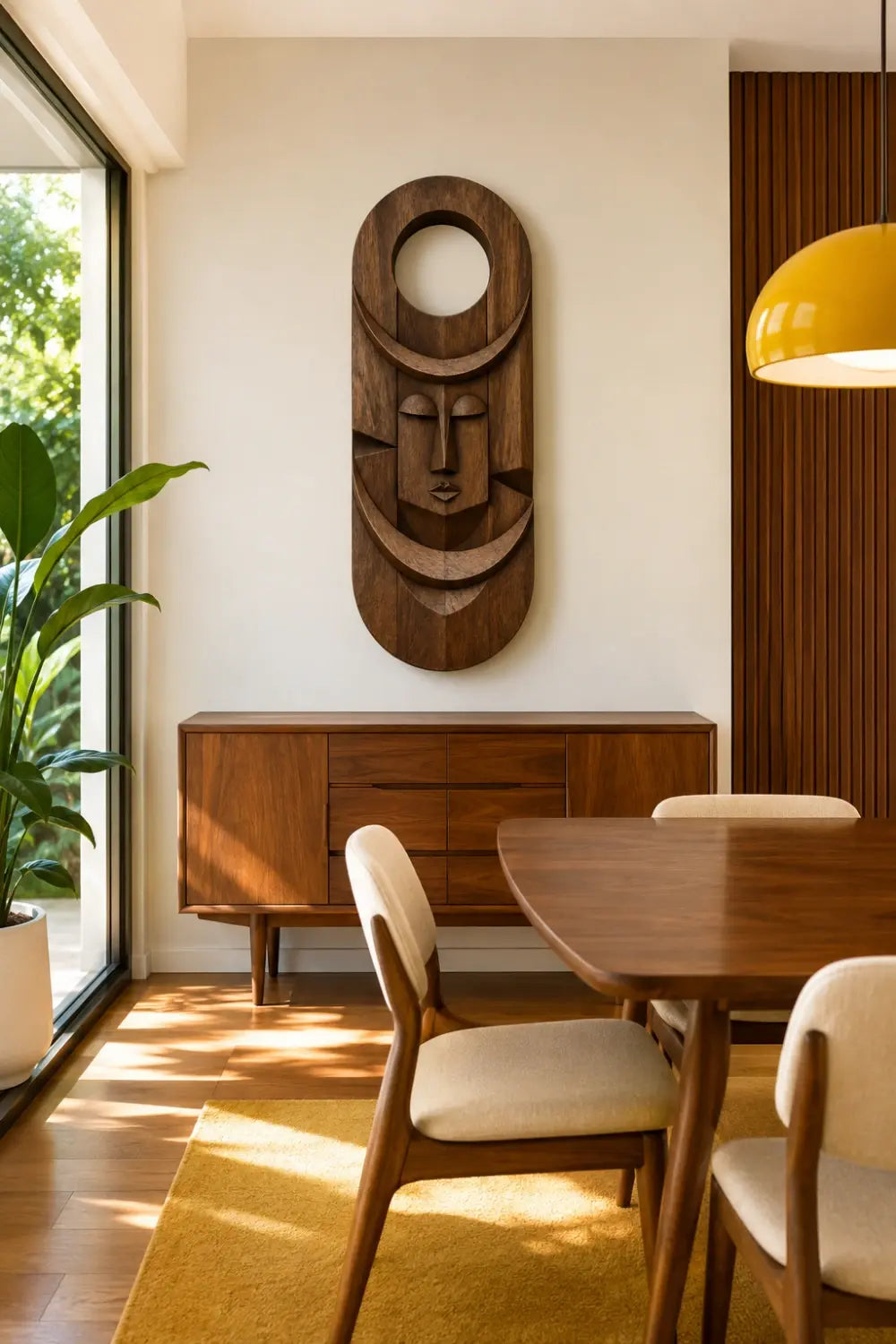 Carved Wood Celestial Mask | Abstract Face Wall Decor
