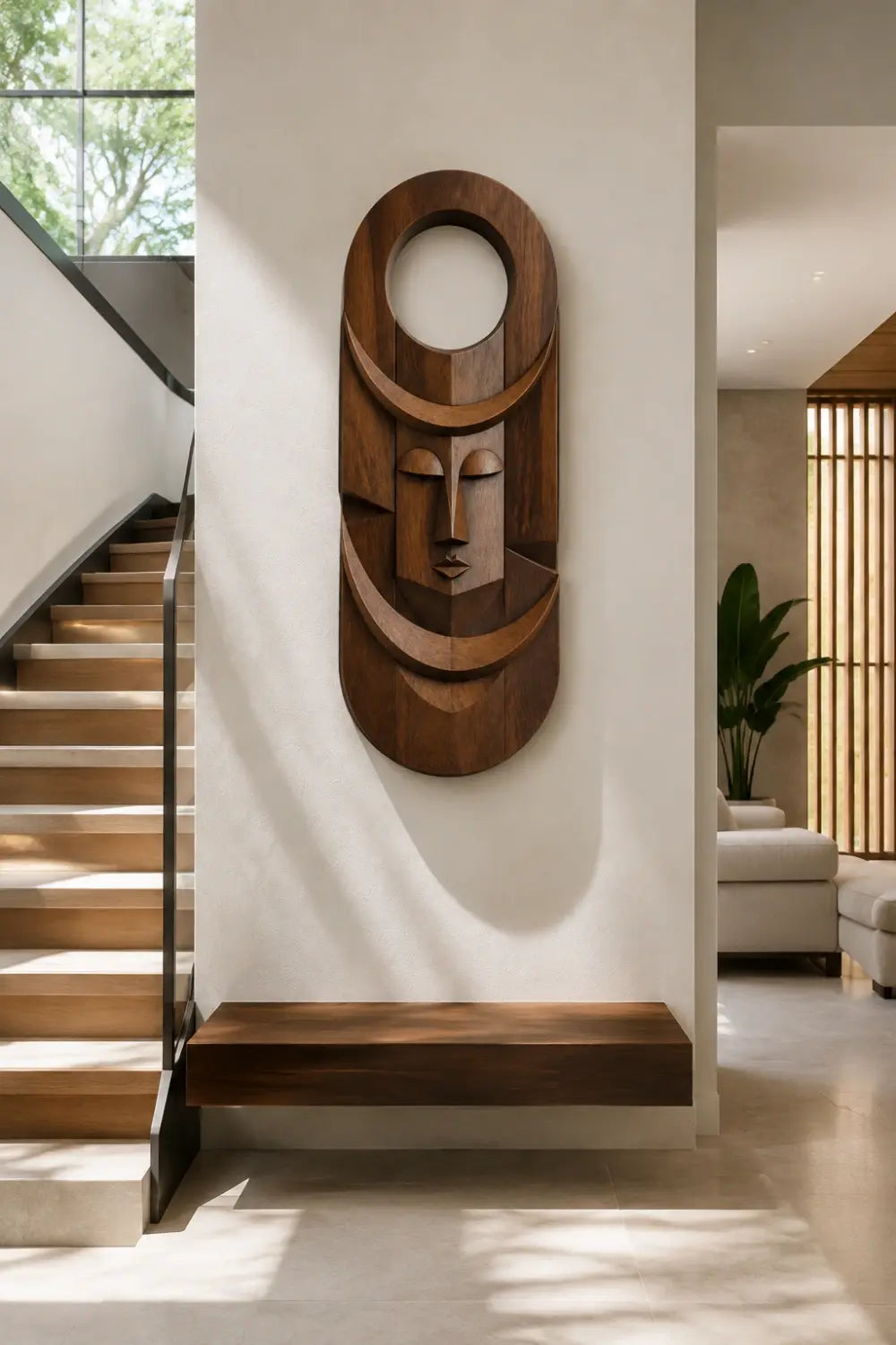 Carved Wood Celestial Mask | Abstract Face Wall Decor