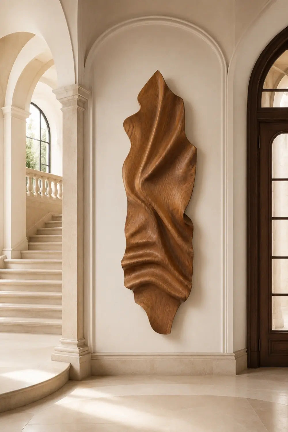 Vertical Wood Wall Relief | Organic Wave Carved Art