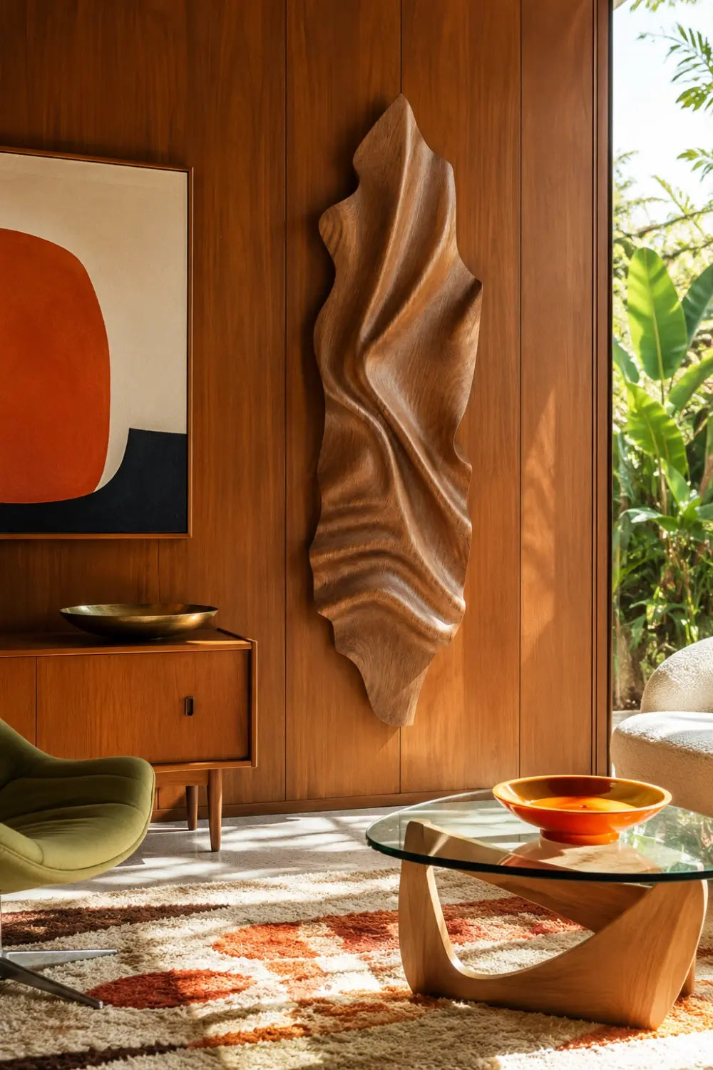Vertical Wood Wall Relief | Organic Wave Carved Art