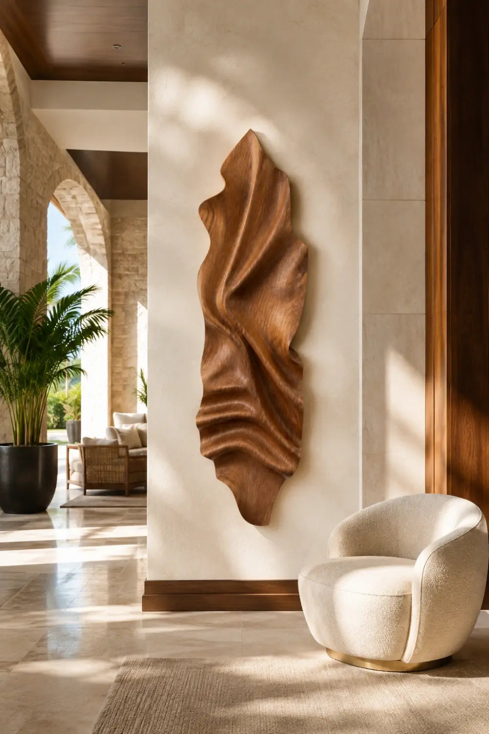 Vertical Wood Wall Relief | Organic Wave Carved Art