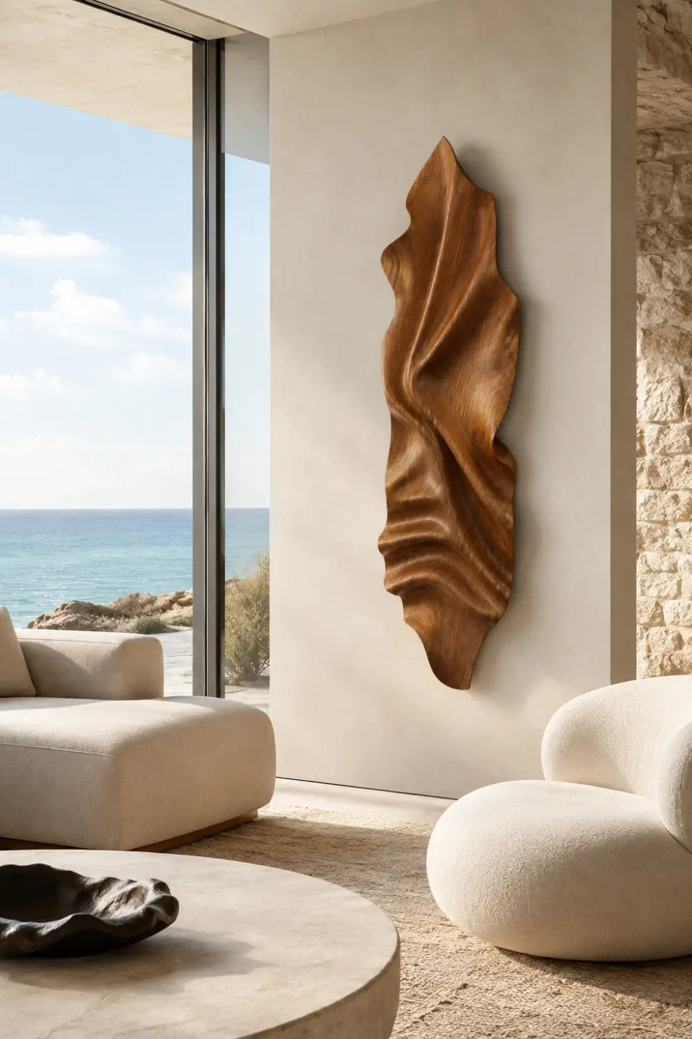 Vertical Wood Wall Relief | Organic Wave Carved Art