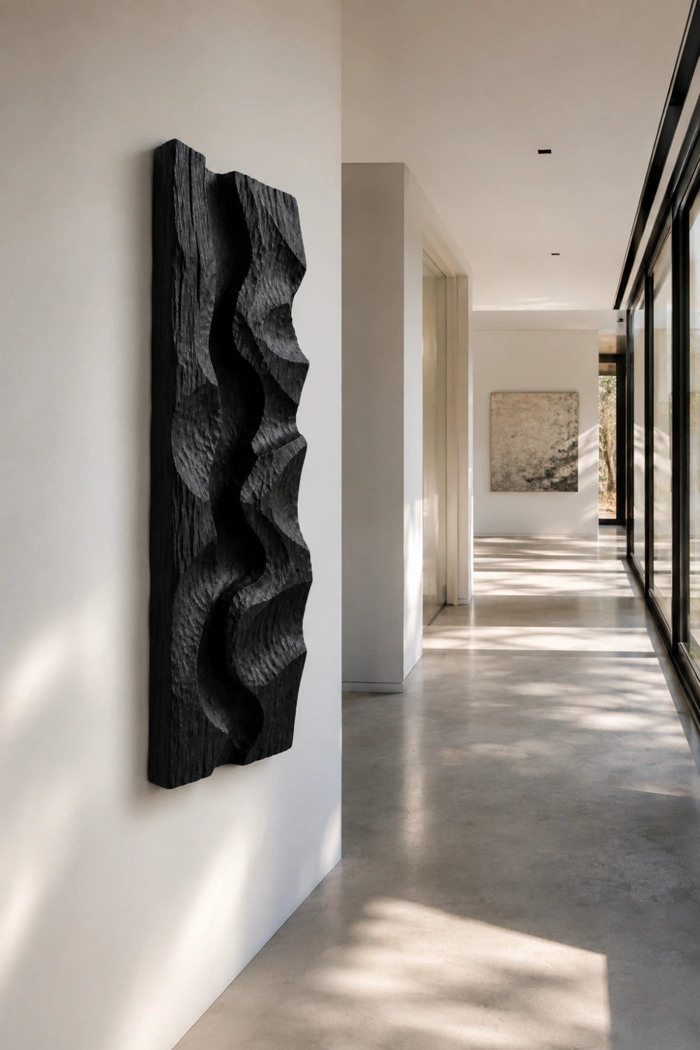 Modern Black Wood Wall Art | Carved Wave Wall Sculpture for Living Space