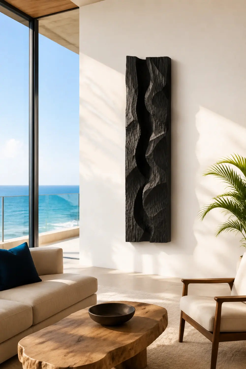 Modern Black Wood Wall Art | Carved Wave Wall Sculpture for Living Space