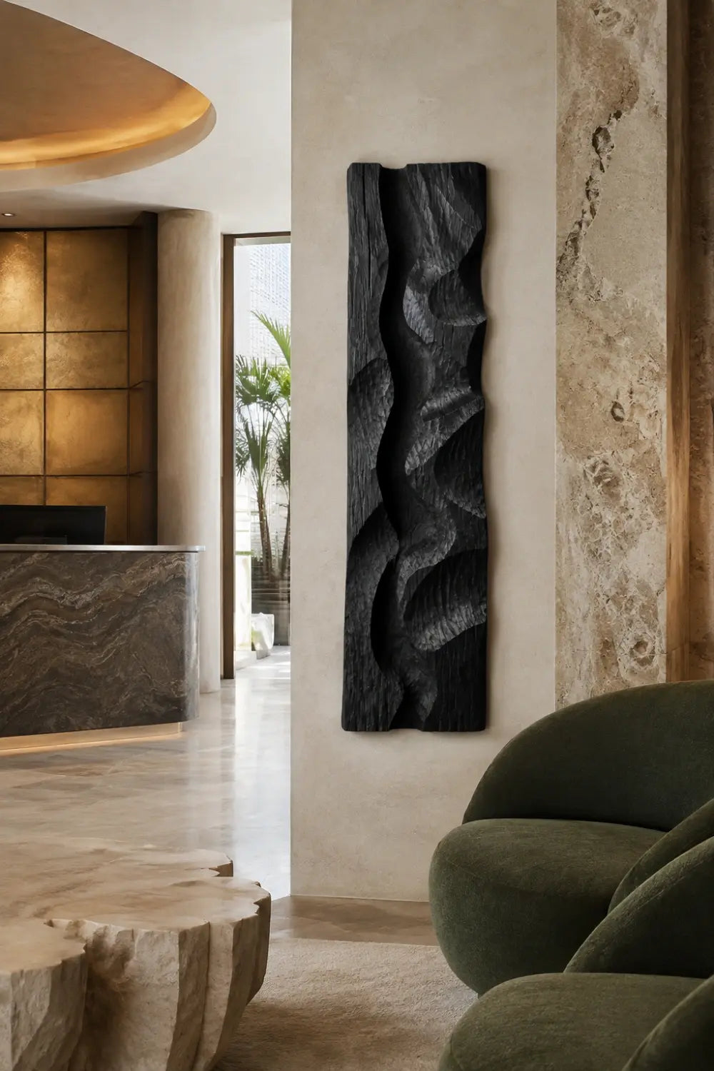 Modern Black Wood Wall Art | Carved Wave Wall Sculpture for Living Space