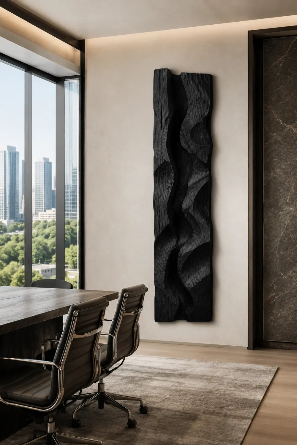 Modern Black Wood Wall Art | Carved Wave Wall Sculpture for Living Space
