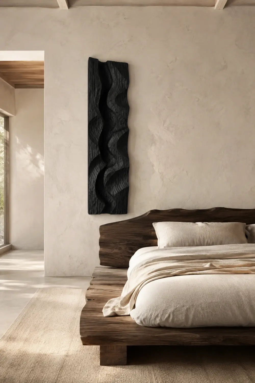 Modern Black Wood Wall Art | Carved Wave Wall Sculpture for Living Space