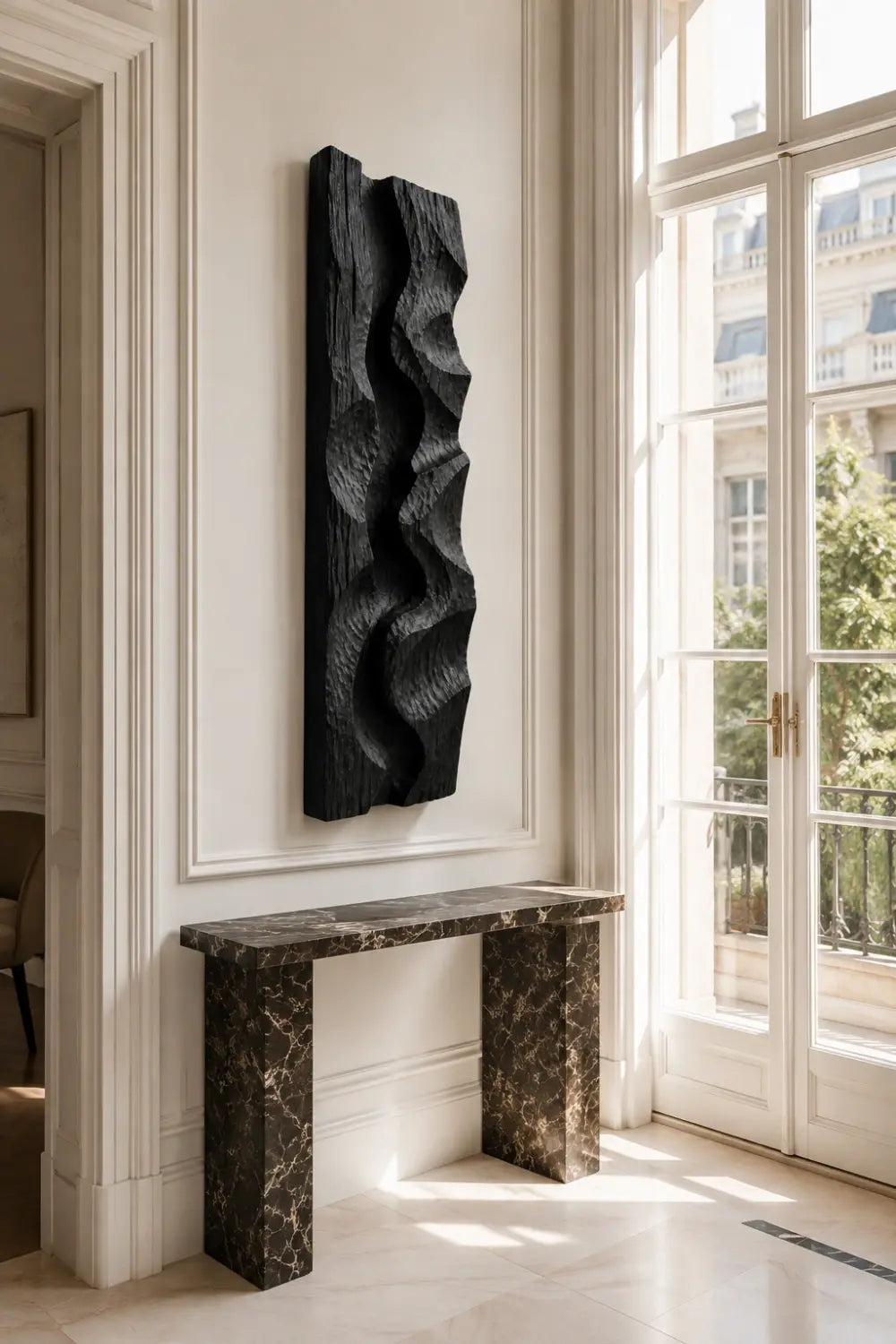 Modern Black Wood Wall Art | Carved Wave Wall Sculpture for Living Space