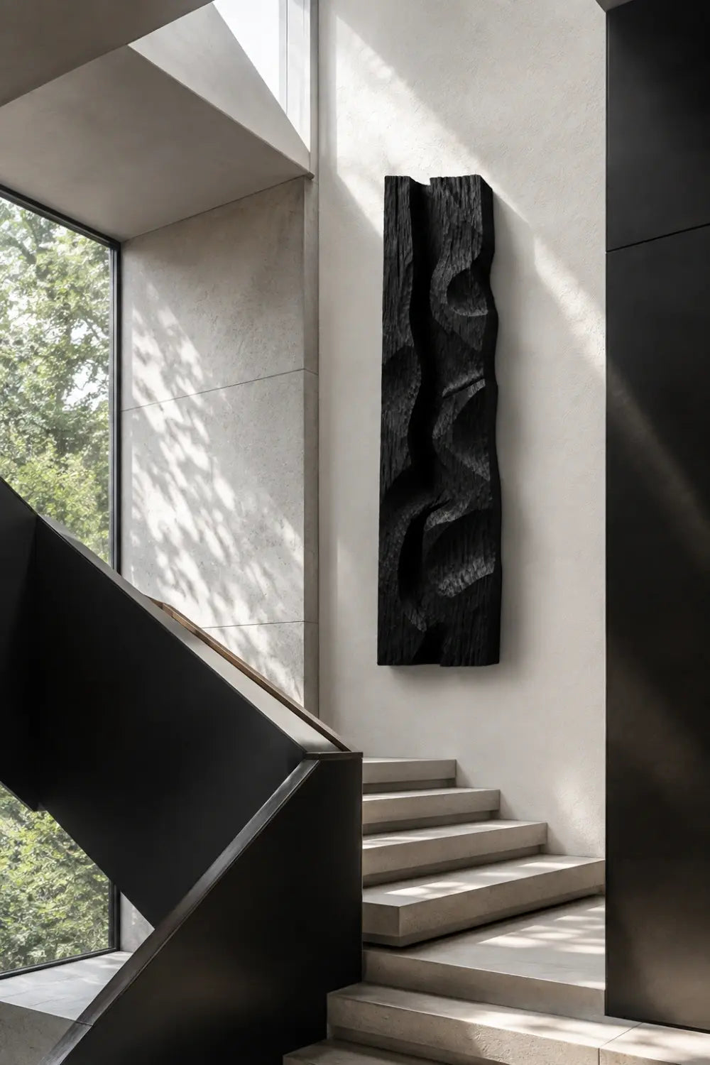 Modern Black Wood Wall Art | Carved Wave Wall Sculpture for Living Space