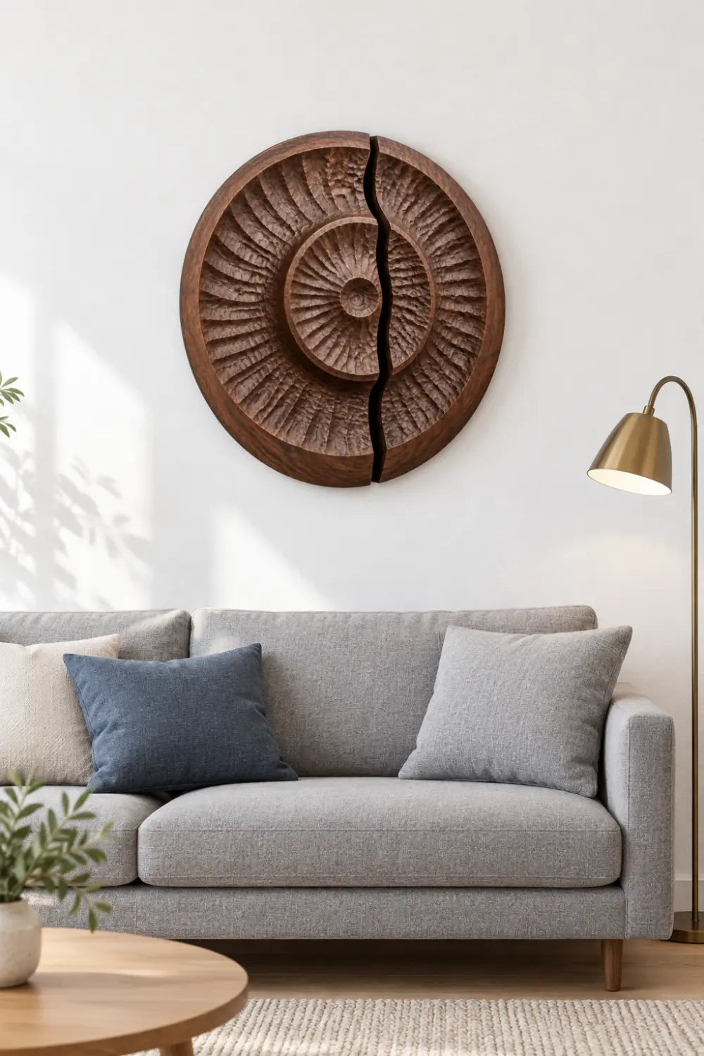 Round Carved Wooden Wall Art Sculpture | Modern Textured Relief Decor Panel