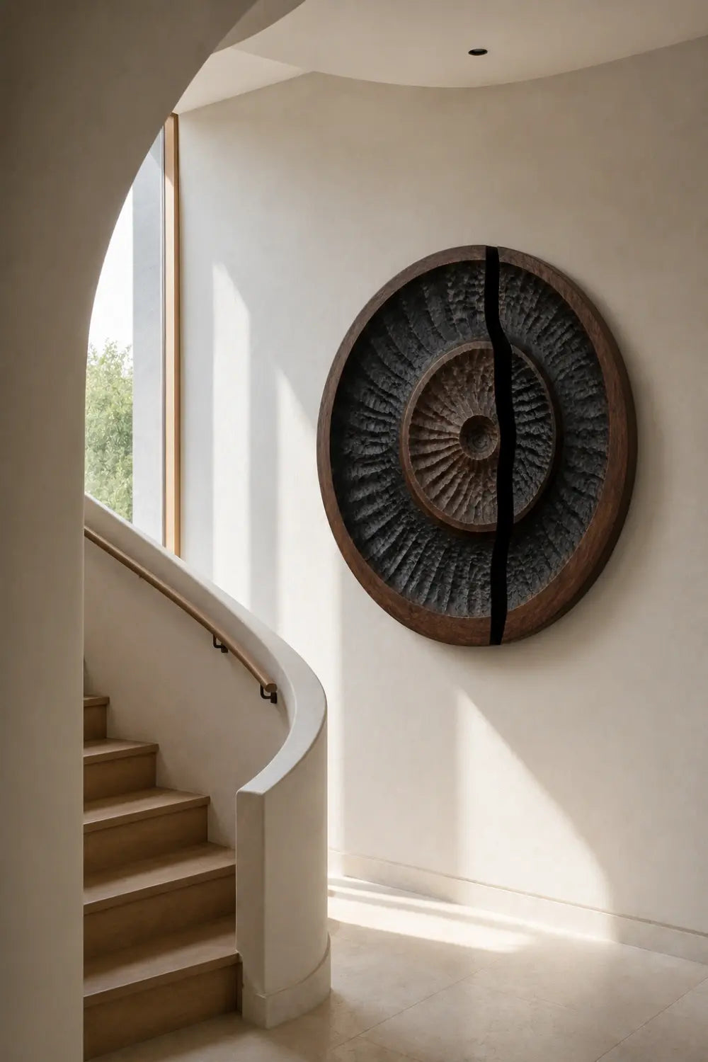 Round Carved Wooden Wall Art Sculpture | Modern Textured Relief Decor Panel