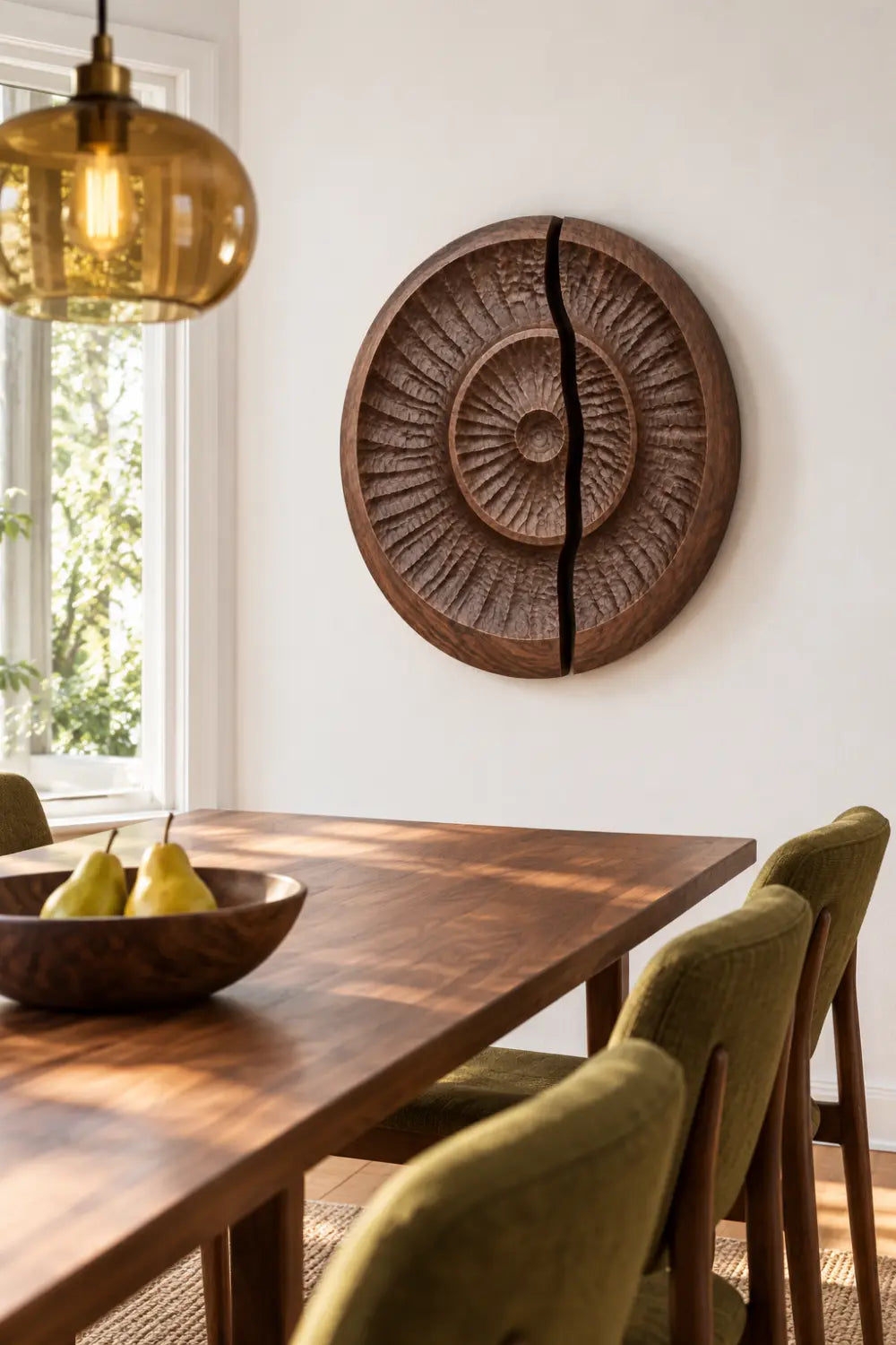 Round Carved Wooden Wall Art Sculpture | Modern Textured Relief Decor Panel