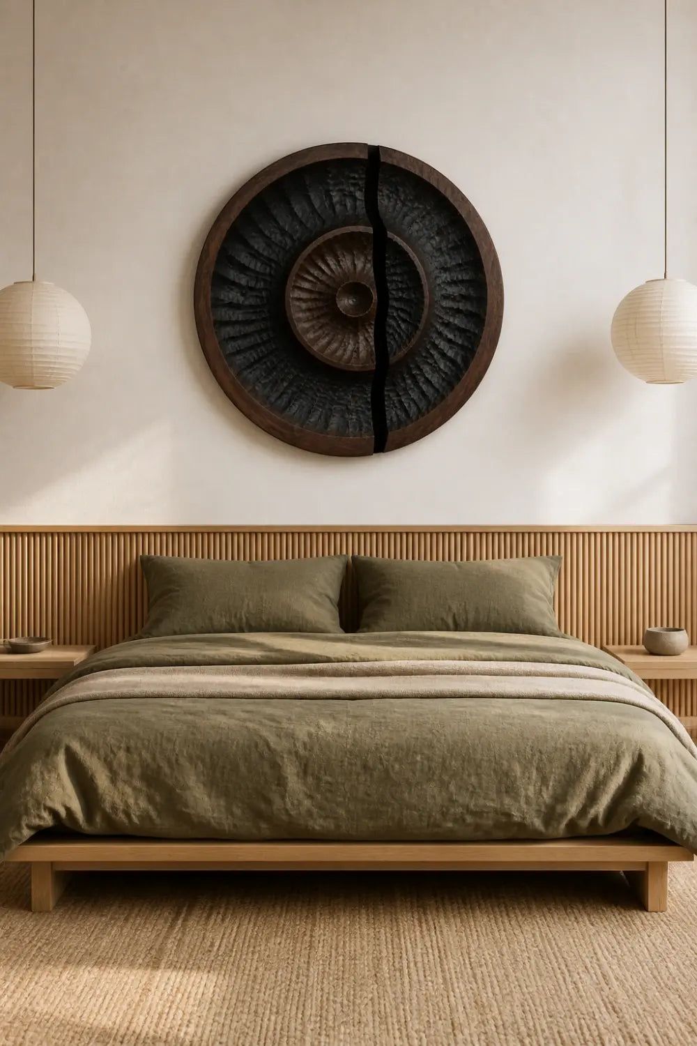 Round Carved Wooden Wall Art Sculpture | Modern Textured Relief Decor Panel